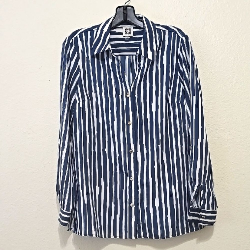 Anne Klein Blue and White Casual Button Down Shirt 6